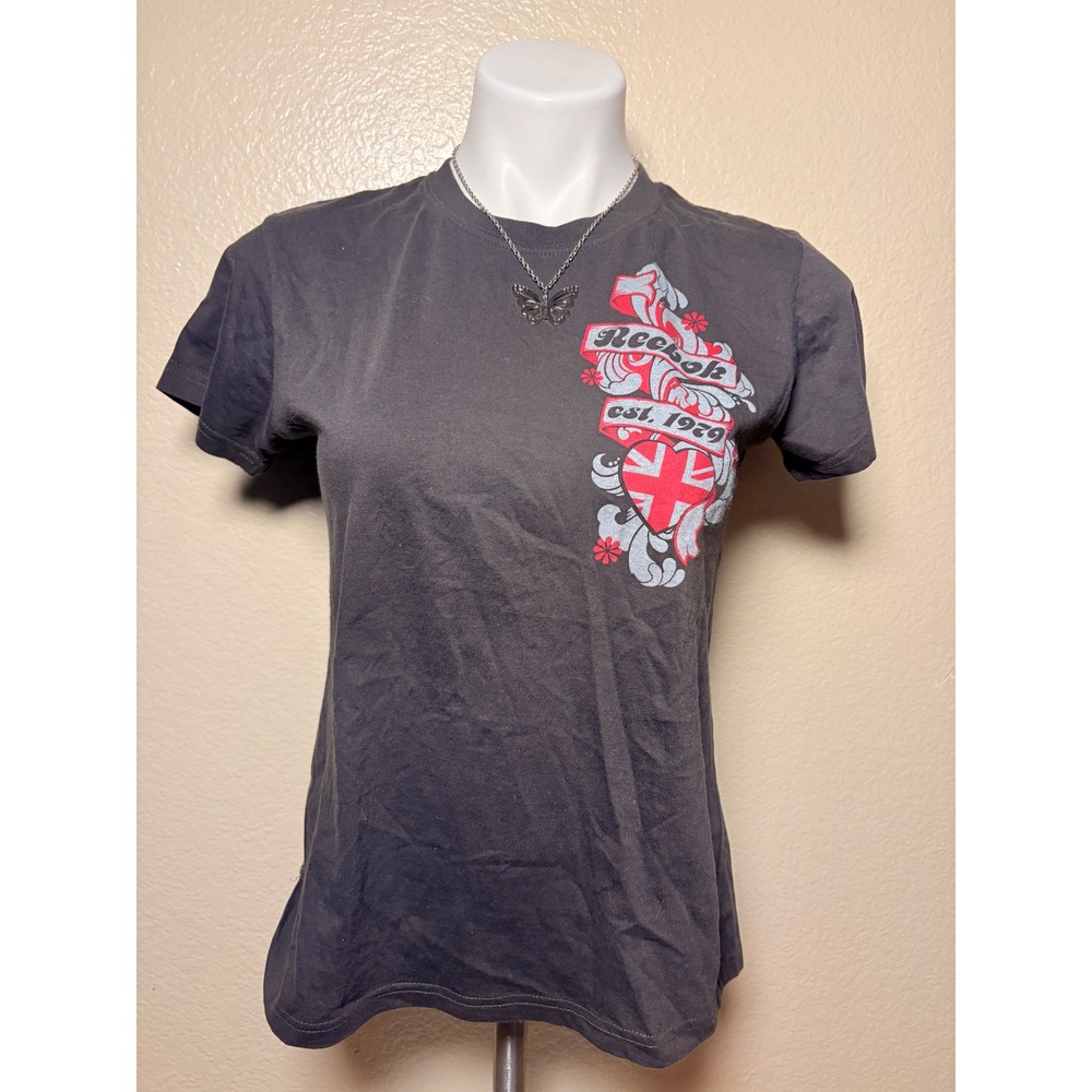 Y2K Reebok Graphic T-Shirt Womens Large Gray Union Jack Heart Est 1895 tee #5